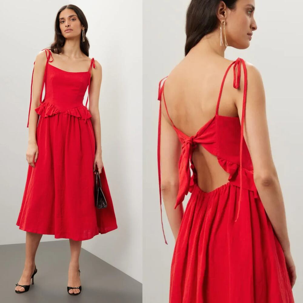 Eliza Faulkner Tessa Dress Linen Sleeveless Ruffle Open Back Midi A-Line Red S - Picture 2 of 9